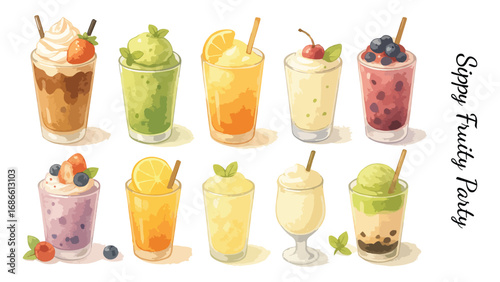 Vector Illustration of Various Smoothies and Cream Drinks Set