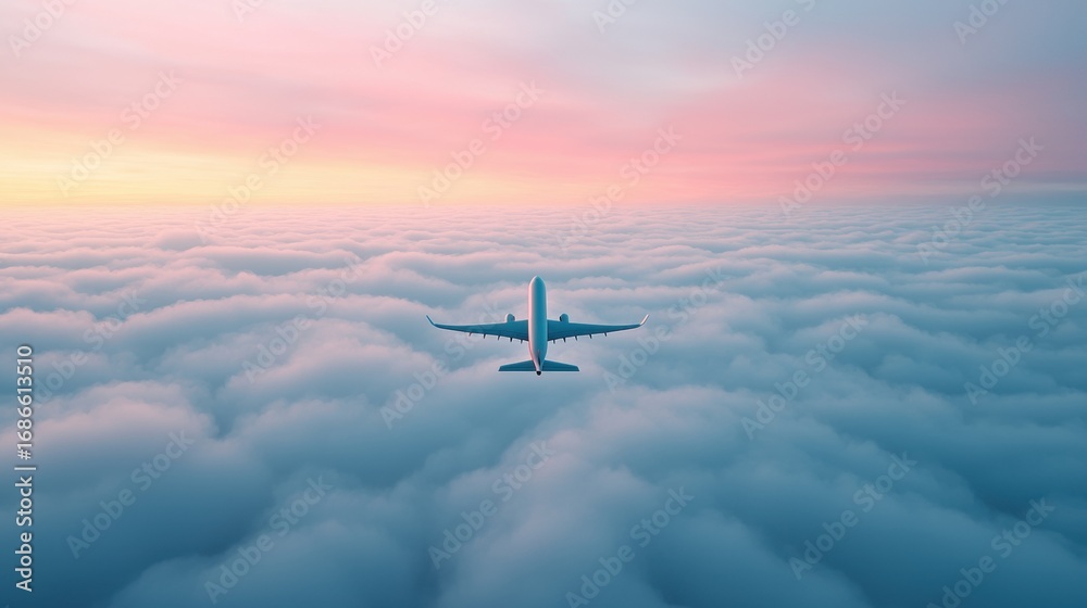 Naklejka premium Plane Airplane flying high above the clouds, representing the speed and convenience of air travel.