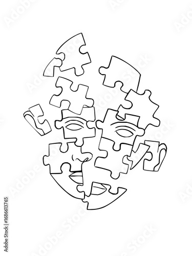 Intriguing puzzle face artwork, symbolizing identity, connection, and creative problem-solving