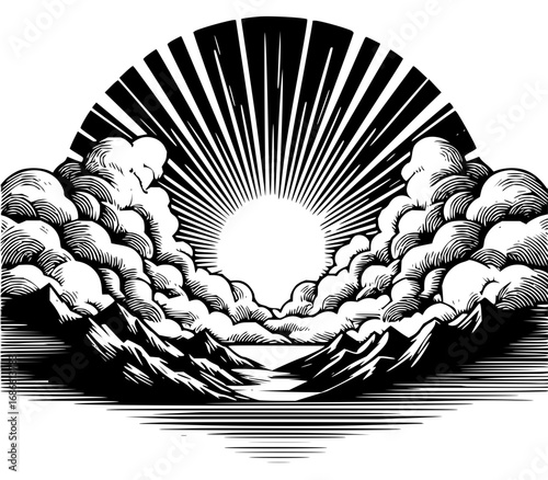 Striking sunrise illustration with mountains, clouds, and sunburst for inspirational design projects