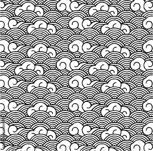 Elegant Japanese wave pattern with clouds, beautiful ocean design for fabric and backgrounds, vector origin