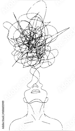 Mindfulness sketch of a person with chaotic thoughts, expressing anxiety and mental health challenges