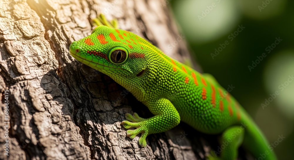Fototapeta premium Vibrant Green Day Gecko with Orange Spots on Textured Tree Bark Bathed in Golden Sunlight.