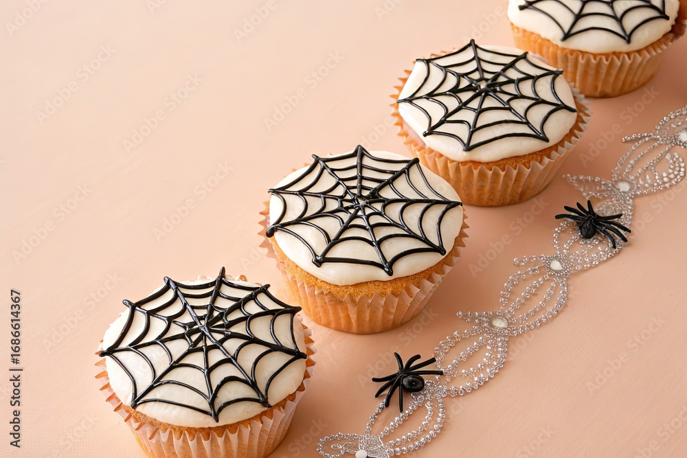Naklejka premium Spooky spider web cupcakes for Halloween celebration