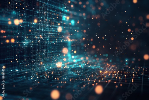 Abstract digital grid with glowing orange and teal particles and bokeh network technology