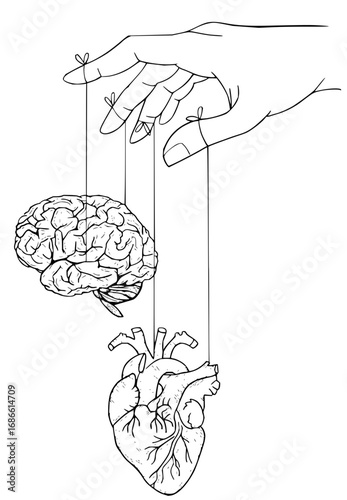 Hand manipulates brain and heart strings, symbolizing control, decisions, and emotions