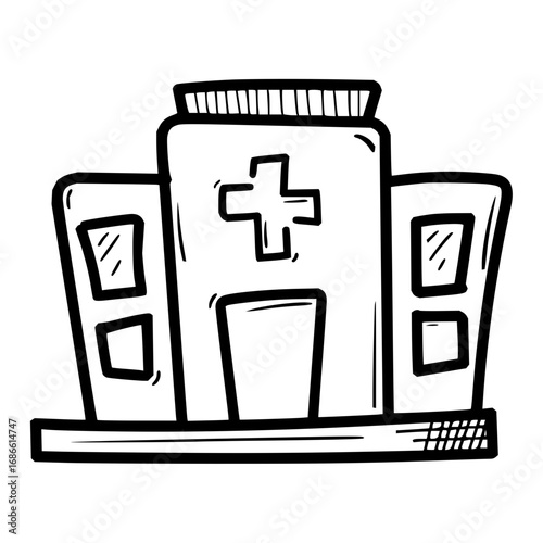 Charming hand-drawn hospital building with prominent medical cross symbol for healthcare services