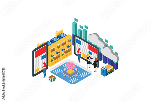 Modern Isometric Cloud Dictionary, library of encyclopedia or web archive. Technology and literature, digital culture on media library.  Suitable for Diagrams, And Other Graphic Related Assets