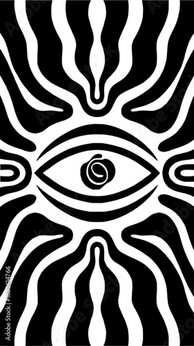 Mysterious black and white abstract eye design with swirling pattern and organic wavy lines