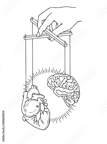 Puppet master hand controls brain and heart symbolizing decision making and emotional conflict