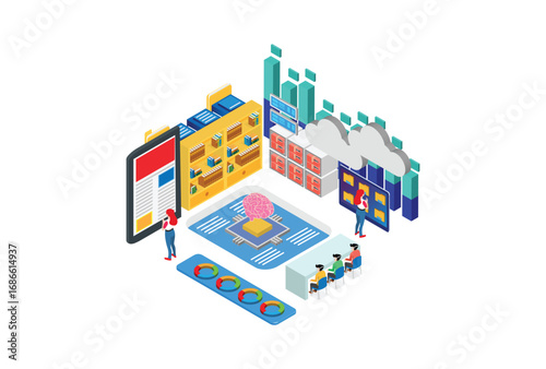 Modern Isometric Cloud Dictionary, library of encyclopedia or web archive. Technology and literature, digital culture on media library.  Suitable for Diagrams, And Other Graphic Related Assets