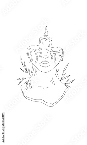 Melting candle face with flowing wax and delicate leaves evokes introspection and transformation