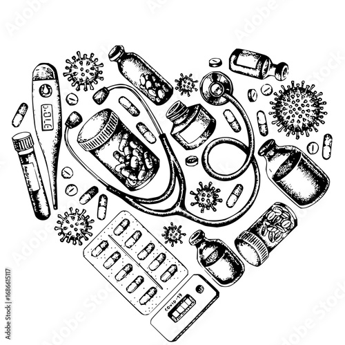 Heartfelt collection of medical supplies and viruses emphasizes health and care