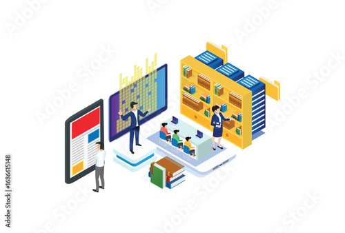 Modern Isometric Cloud Dictionary, library of encyclopedia or web archive. Technology and literature, digital culture on media library.  Suitable for Diagrams, And Other Graphic Related Assets