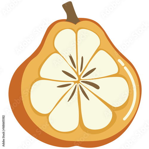 Fresh golden pear cut in half showing seeds, tropical juicy fruit illustration for healthy food and organic design projects.