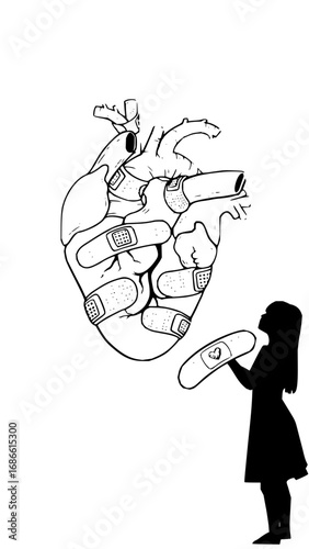 Hopeful child offers healing bandage to a mending heart symbol of emotional recovery and care