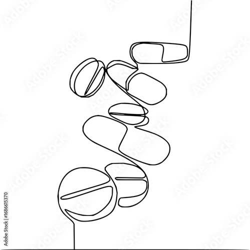 Modern abstract medical pills and capsules art, minimalist healthcare and wellness line drawing