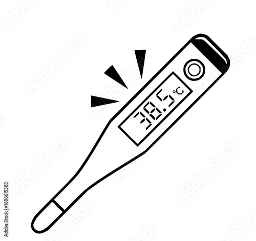Digital thermometer displays elevated temperature 38.5 Celsius, indicating fever and illness