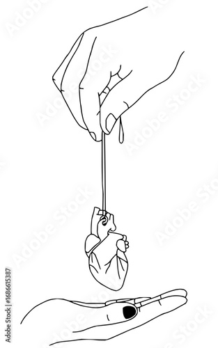 Delicate hand offers a dripping anatomical heart symbol of love, care, or sacrifice to another palm
