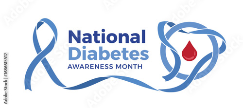 National diabetes awarenesee month - Long blue ribbon waving and rolling cross blue ring symbol and drop blood to center vector design