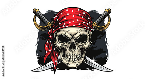 Vector Illustration of Pirate Skull with Bandana and Swords in Modern Dark Style