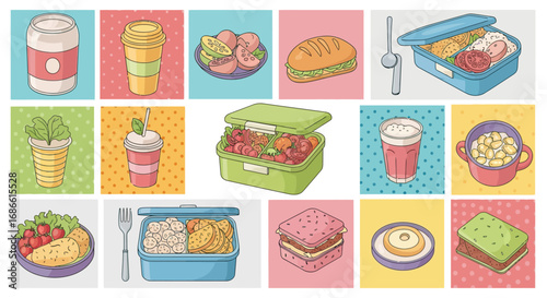 Vector Food Pattern with Snack and Meal Elements in Colorful Modern Style