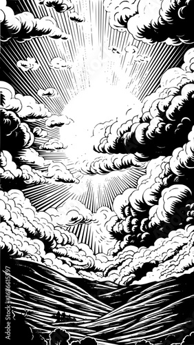 Dramatic sunburst breaks through stormy clouds over rolling hills, evoking power and hope
