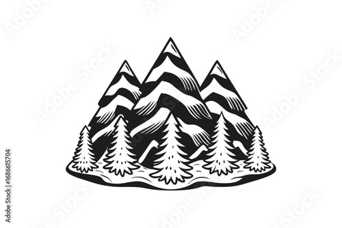 Black Mountain Landscape, Pine Forest, and Clouds on White Background