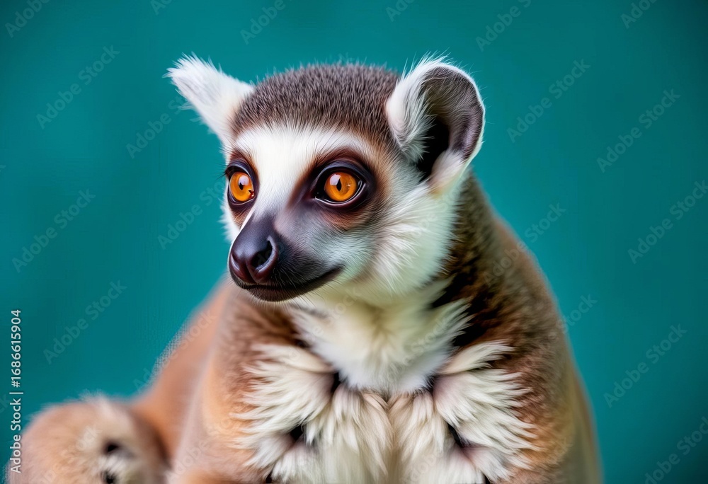 Fototapeta premium A lemur posed against a vibrant teal backdrop, creature, nature