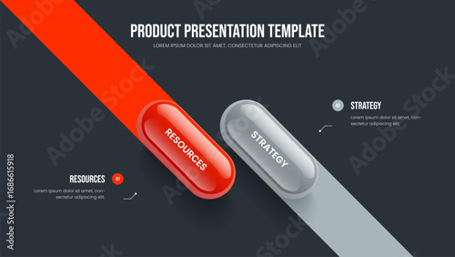 Product Innovation 2 Step Diagram Slideshow Template. Corporate Briefing Presentation Design Vector Illustration. Creative Plan Two Element Infographic Slide Layout.