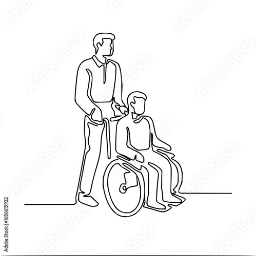 Caring companion assists person in wheelchair, promoting mobility and support with gentle guidance