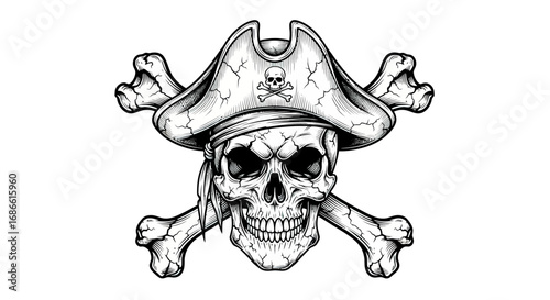Vector Illustration of Skull with Pirate Hat and Crossbones in Gothic Style for Horror and Halloween Design