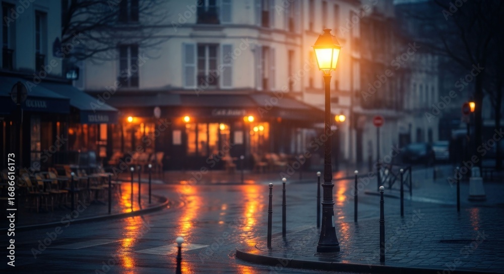 Fototapeta premium Wet street with lit lamp and cafe at dusk