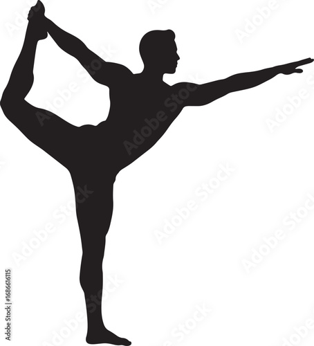 A male silhouette in a dancer's yoga pose, illustrating balance, flexibility, and harmony in a minimalistic and versatile vector design for wellness themes