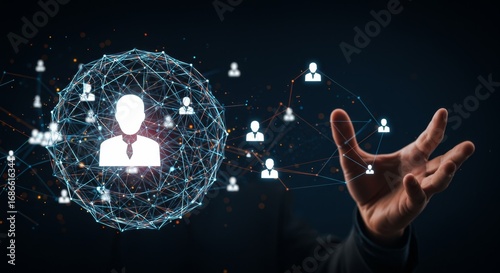 Man reaching out with hand to manipulate digital network sphere with user icons. Global connection concept.