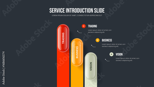 Modern Development Three Step Diagram Slideshow Template. Product Introduction Presentation Layout Vector Illustration. Market Solution 3 Element Infographic Frame Design.