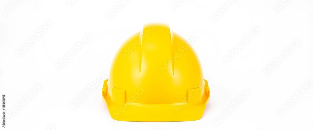 Fototapeta premium A bright yellow hard hat sits centered against a pure white background, industry, studio shot