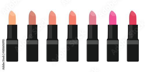 Collection of lipsticks in different colors isolated on white background. Pink, red, and coral lipstick