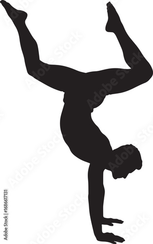 An isolated silhouette of a flexible male athlete performing a one-handed handstand, showcasing strength, balance, and athletic agility