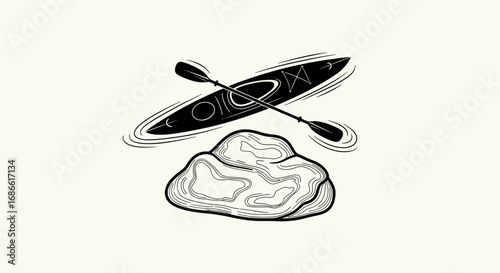 Vintage hand drawn kayak with paddle and rock illustration.