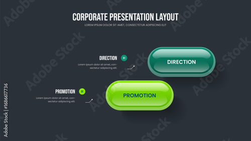 Project Innovation 2 Element Infographic Presentation Template. Visual Plan Two Option Diagram Frame Design. Modern Launch Slide Layout Vector Illustration.