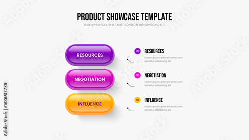 Digital Development Slide Design Vector Illustration. Creative Visualization Three Step Diagram Slideshow Template. Company Portfolio 3 Element Infographic Presentation Layout.