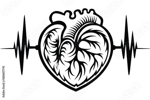 Detailed Heart with Pulse Design on White Background for Medical Uses