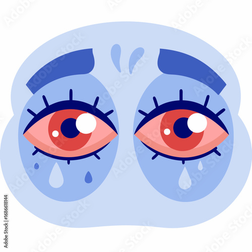 Cartoon illustration of sad eyes with tears in blue style  