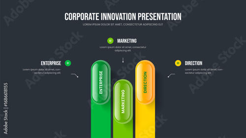 Company Campaign Slideshow Design Vector Illustration. Corporate Overview 3 Element Infographic Slide Template. Modern Profile Three Option Diagram Presentation Layout.