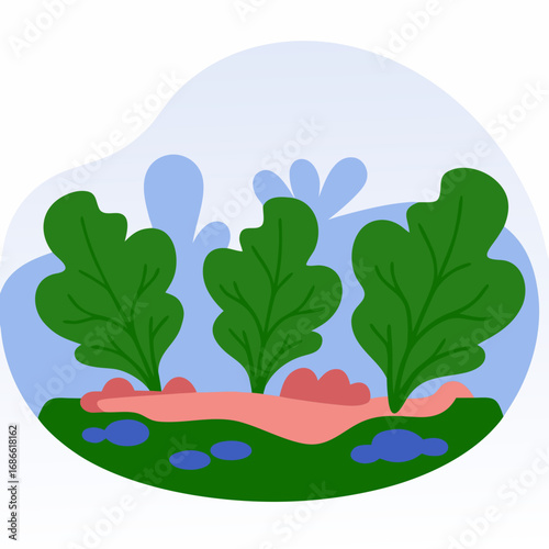 Green lettuce growing in soil with colorful background elements  