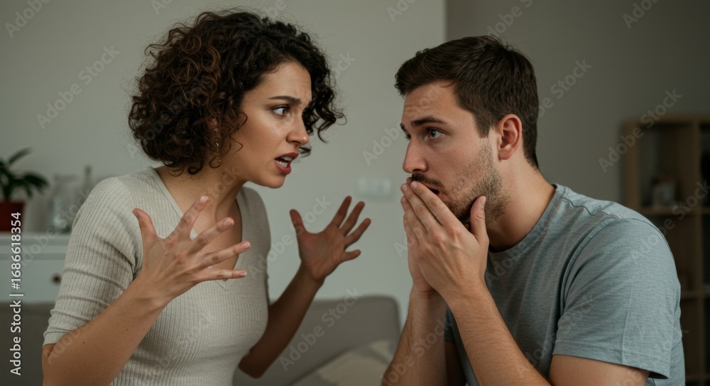 Fototapeta premium Woman arguing with a man, angry discussion at home. Couple having conflict and communication problem. Relationship difficulty for breakup theme.