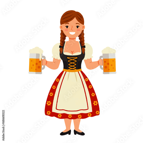 Oktoberfest Woman Holding Two Beer Mugs.
