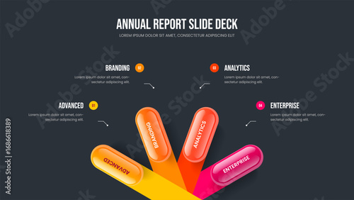 Business Performance Four Element Infographic Presentation Layout. Company Campaign 4 Step Diagram Slideshow Design. Modern Introduction Frame Template Vector Illustration.