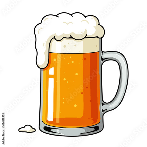 Refreshing Cold Beer Mug with Overflowing Foam.
